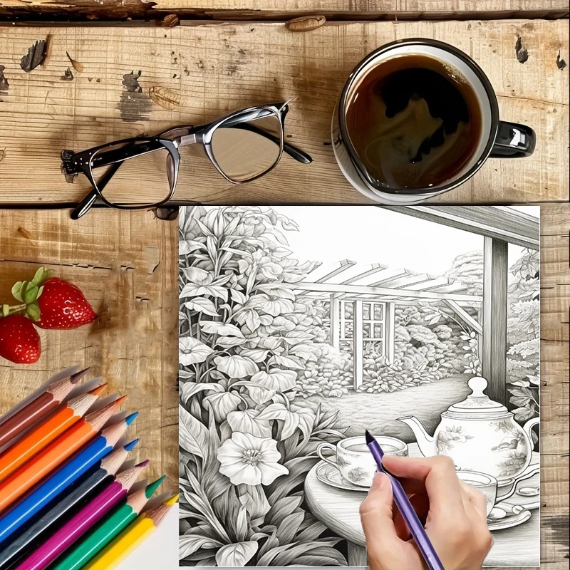 Buku Mewarnai Tea In The Garde - Adult Coloring Book Stress Relief ulasan dan harga